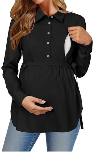 OUGES Women's Maternity Nursing Shirts Long Sleeve Belted Collared Hidden Zippers Breastfeeding Blouse Button Down Work Office Business Casual Pregnancy Must Haves Tops Clothes(Black,M)