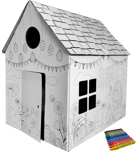 Malhaus Ostern für Kinder – Karton Spielhaus zum Bemalen aus Pappe mit Türen & Fenstern – Kreatives Oster Bastelhaus 100x78x110 cm inkl. 12 Wachsmalstifte