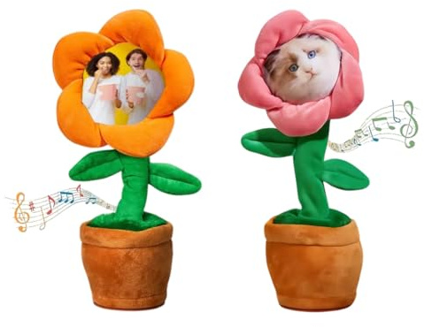 Singing Sunflower with Custom Photo - Repeating Rechargeable Dancing Flower with Voice Mimicry, Personalized Customized Face Sunflower Ornaments, Birthday Gag Gifts, Plush Recording Toy for Office