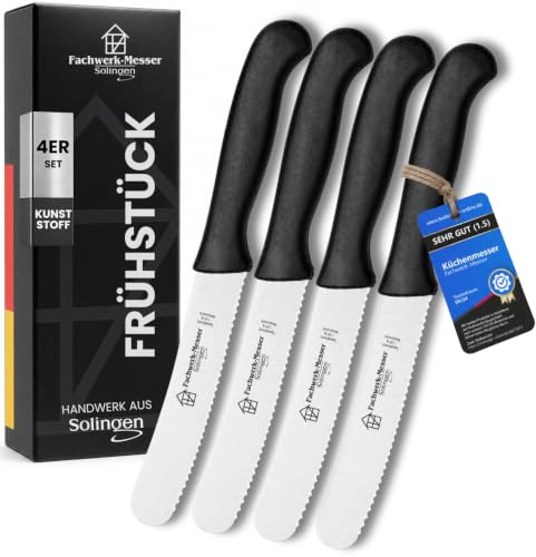 Fachwerk Buckelsmesser 4er-Set aus Solingen – rostfrei, Wellenschliff & spülmaschinengeeignet – Frühstücksmesser/Brötchenmesser/Brotzeitmesser mit Kunststoffgriff – Made in Germany