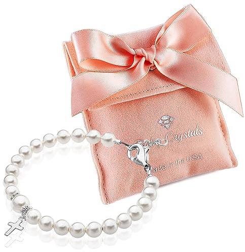 Baby Crystals Sterling Silver Cross Charm White Pearl Bracelet for Girl infant and Newborn Baby's Baptism Gifts for Toddler Baby Girl or Boy Elegant Baptismal Keepsake Girls Jewelry, Birthday Gifts