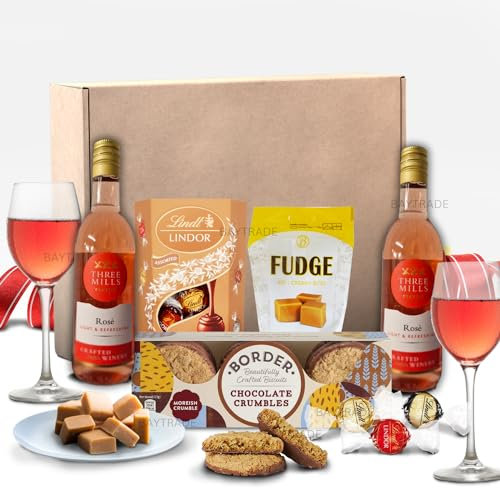 Wine gifts -2x Mini 18.7ml Rose Wine and Chocolate Gift Set - Border Biscuits - Chocolate truffles - Fudge Gift Set- Birthday Hampers for Women - Valentines Day - Mothers Day Chocolates Gifts Fathers