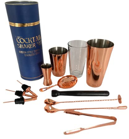 12 Piece Essential Stainless Steel Bartender Cocktail Boston Style Shaker Gift set, Professional Bar Tools for Drink Mixing, Home, Bar, Party (Copper)
