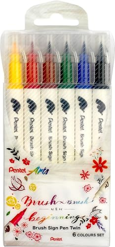 Pentel SESW30C-6 Brush Sign Pen Twin, 6-färgersset, fiberpenna med två flexibla skrivspetsar, vattenbaserat bläck, sorterad, 1 styck (6-pack)