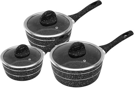 Royalford Saucepan Set 3 PC, Induction Safe Cookware - Non-Stick Granite Coating, Forged Aluminium Multipurpose Sauce Pot with 5 Layer Construction & Tempered Glass Lid - 16 CM, 18 CM, 20 CM - Black