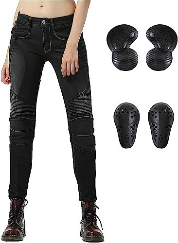 LINGKY Pantaloni Moto Donna, Traspirante Elastico Jeans Moto, Pantaloni Biker Ventilato Elastico vestibilità Slim, Protezioni CE per Ginocchia e Fianchi (Nero,L)