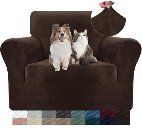 YSTELLAA Samt Sofa Überzug 1 Sitzer, Stretch Sesselhusse Universal, Sofaschoner rutschfest, Sofa Covers Mit Armlehne, Couch Bezug Schutz Katze, Waschbare Couchschoner, Dunkler Kaffee