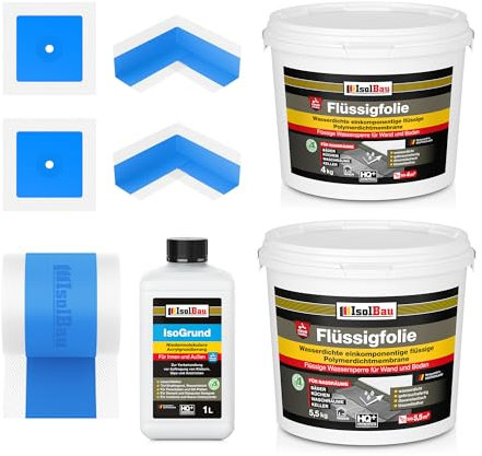 Isolbau Dicht-Set - Inkl. 1x Flüssigfolie (9,5 kg), 1x Isogrund (1 L), 1x Dichtband (5 m), 2x Innenecken & 2x Manschetten