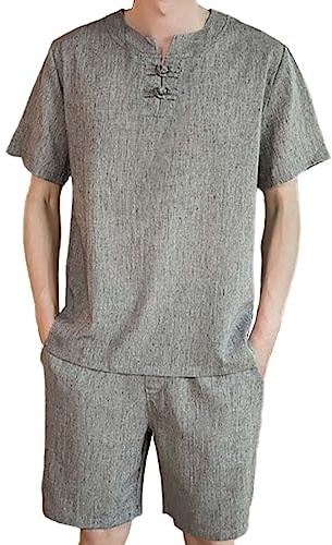 Beokeuioe Pigiama Set di pantaloncini e maglietta in cotone e lino, da spiaggia, da uomo, corto, cinese, in due pezzi, estivo, pigiameria, tuta da notte, A grigio., L
