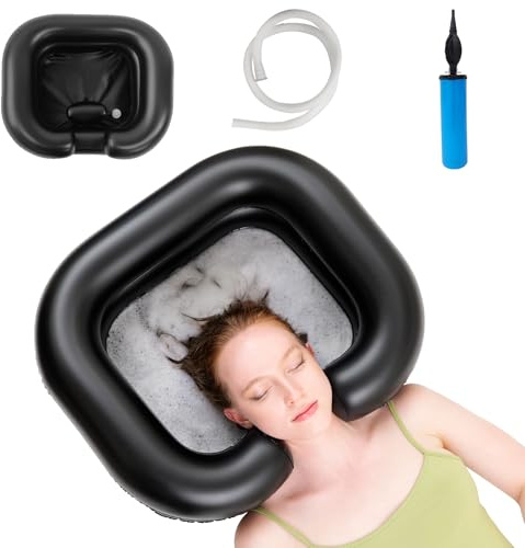 Inflatable Shampoo Basin, Portable Shampoo Bowl with Neck Support and Drain Hose for bedridden People, Portable Shampoo Sink for The Elderly, Disabled, Pregnant Women, Injured People (Black)