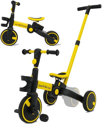 SporTrike 3-in-1 Dreirad ab 1 Jahr mit Schubstange - Laufrad ab 1, 2, 3, 4 Jahre für Kinder - Baby Fahrrad, Dreiräder mit Höhenverstellung und Abnehmbaren Pedalen