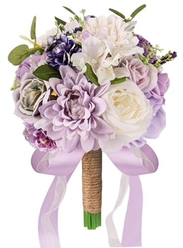 LCiclly Ramos de Boda de Color Morado Lavanda para Novia, Dama de Honor, Ramo de Novia Lila, Rosas Artificiales de Seda, Flores para Boda, Bohemio, francés, Vintage, rústico, decoración de Iglesia,