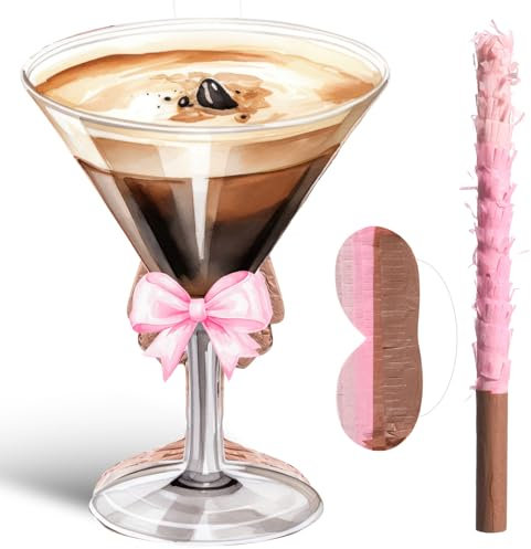 Gilprop Espresso Martini Piñata with Stick Blindfold A Tini Bit Older Party Decoration Martini Pink Bow Adult Piñata Coffee Cocktail Glasses for Women Birthday Bridal Shower Bar Supplies