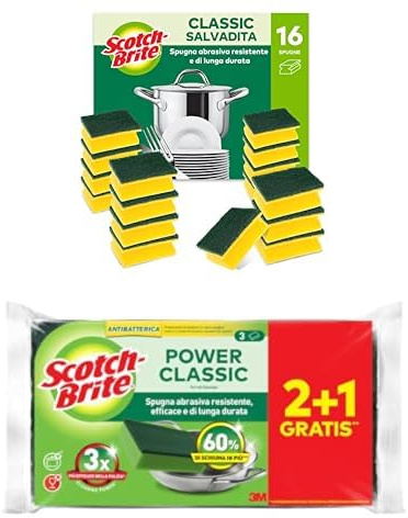 Scotch-Brite Spugne Cucina Salvadita Classic, 16 pezzi + Power Spugna Piatti Antibatterica 2+1 confezione resistente e di lunga durata, rimuove facilmente unto e cibo bruciato.spugne piatti