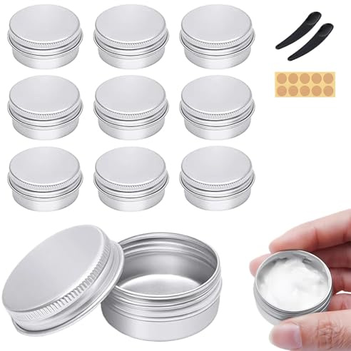 Lot de 10 pots vides en aluminium de 5 ml avec autocollants ronds – Boîtes vides à remplir pour baume à lèvres, lotion et cosmétiques – Pot à pommade avec couvercle à visser