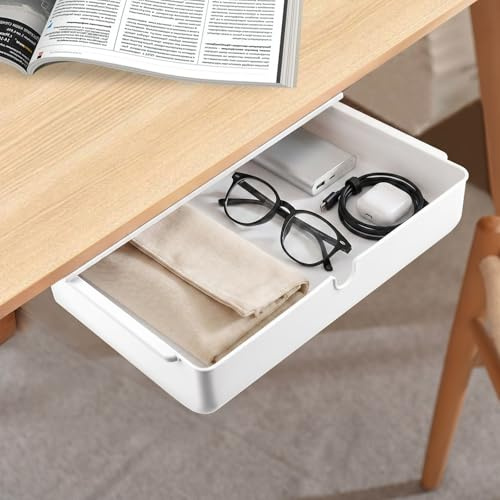 ECVUKQ Schublade unter Schreibtisch, 33 × 23× 8.5cm Versteckte Schubladenbox Schubladen Organizer Selbstklebende Aufbewahrungsbox Weiße Untertisch Schublade für Zuhause und Büro