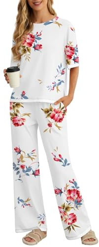 PrinStory Pigiama da donna UK a maniche corte girocollo e pantaloni a gamba larga, Fp-rosa Bianco, L