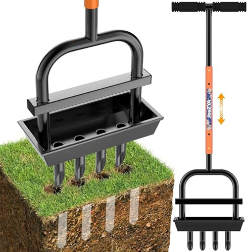 Updated Lawn Aerator Tool with Soil Core Collection Tray, Lawn Core Aerator with 4 Tines Manual Grass Aerator, Spike Lawn Coring Aerator for Yard Lawn Aeration Soil Loosening Garden Tool, Coral