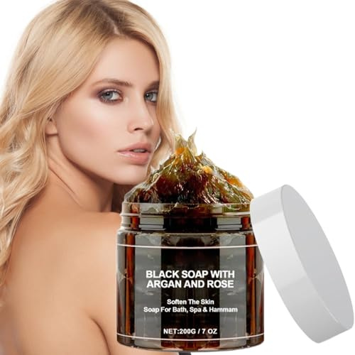 Savon Noir Corps,Savon Noir Marocain,Savons Noirs à L'argan et à Rose,Savons Noirs Exfoliés Maroc,Organic Moroccan Black Soap,Convient à Tous Types Peau,200g