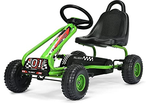 RELAX4LIFE Go Kart a Pedali per Bambini, Karting con 4 Ruote Antiurto e Freno a Mano, 2 Pedali Antiscivolo con Volante, Sedia Ergonomica e Posizione Regolabile (Verde)
