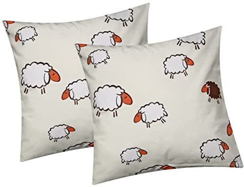 Renforcé Kissenbezug 2er Set 40x40cm - Süße Schafe (99/3-40x40) | Lämmer in Gelb und Weiß - Kopfkissen-Bezug, Kissenhülle, Dekokissenbezug aus 100% Baumwolle