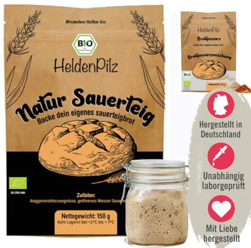 HeldenPilz® BIO Dinkelsauerteig (150g) – Dinkelbrot selber backen ohne Hefe | Frisches Anstellgut, mild-nussig & bekömmlich | Natursauerteig mit Anleitung & Rezepten