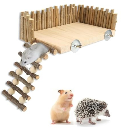 HERCHR Piattaforma da Arrampicata per Criceti, Piattaforma da Gioco per Criceti in Legno Ponte per Criceti Roditori Giocattolo da Masticare con Recinzione per Aliante dello Zucchero Orso d'oro(1#)