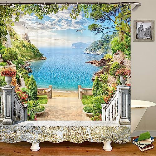 JIANGLANY Tenda da doccia per balcone esterno, giardino, corridoio, natura, paesaggio, tenda da doccia impermeabile con ganci, albero verde, fiori, palazzo europeo (2, 200 x 200 cm)