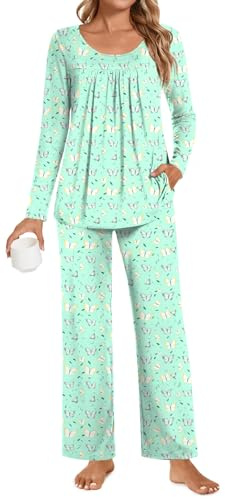 POPYOUNG Damen Pyjama-Set 2-teilig Herbst Lange Ärmel Schlafanzug Winter Damen Schlafanzug Lounge Nachtwäsche mit Taschen, XL