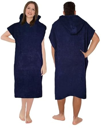 Tuva Home Badeponcho Damen und Herren | Einheitsgröße | Baumwollfrottee Umziehponcho mit Kapuze | Handtuch Poncho Erwachsene mit Tasche | Strandponcho für Schwim und Surf (Dunkelblau)