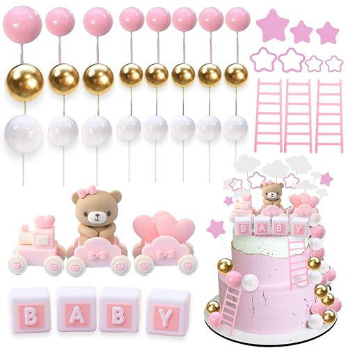 Baby Shower Bear Cake Toppers - 49pcs Pink Bear Theme DIY Cake Decorations Bear Train Staircase Clouds Stars Cake Topper for Baby Girl Birthday Party Gender Reveal Bear Baby Shower Party Supplies