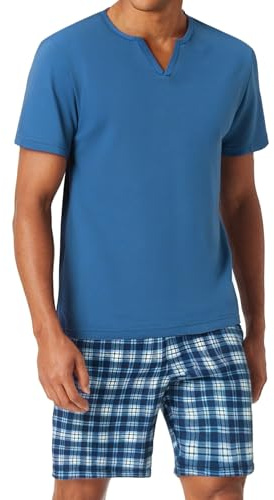 Bresdk Schlafanzug Herren Kurz Pyjama Baumwolle Kariert Sommer Nachtwäsche Himmelblau XL