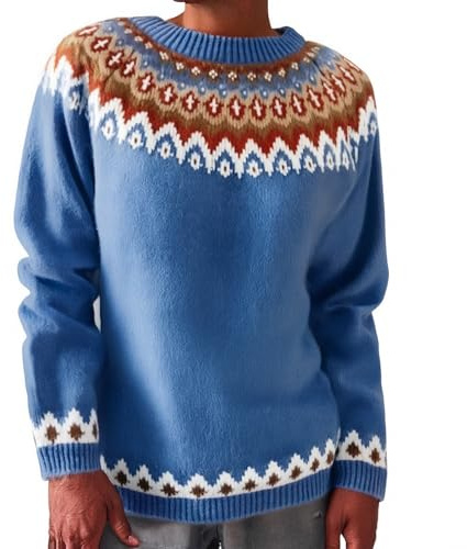 Fair Isle-Muster Pullover für Damen, Rundhalsausschnitt, Wollpullover, Übergröße, Damenpullover, lässig, weich, warm, klassisch, nordische Strickwaren, Fairisle-Pullover, langärmelig,