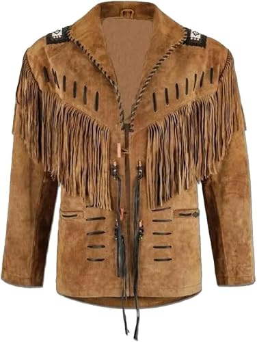 Fami Sports Giacca da cowboy western tradizionale da uomo | pelle scamosciata nativa americana | stile classico con perline, frange e ossa lavoro, Marrone, 5XL