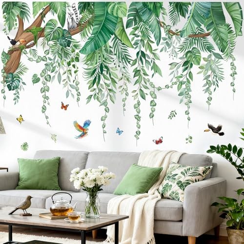 wondever Stickers Muraux Feuille de Palmier XXL Autocollants Muraux Mural Stickers Tropicales Plantes Branche de Arbre Verts pour Salon Chambre à Coucher Bureau