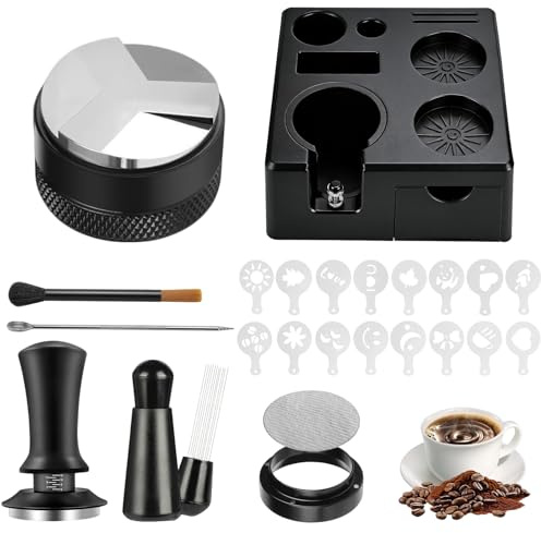 9 PCS 54mm Espresso Accessories with Knock Box, Espresso Tool Kit with Espresso Tamping Station, Distributor, Stirrer, Dosing Funnel, Needle Distributor, Puck Screen,Cleaning Brush and Latte Art Pen
