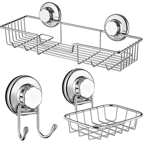 ARCCI Suction Cup Shower Caddy 3 Pack, Stainless Steel Bathroom Storage Shower Organizer Shelves, Suction Bar Soap Dish Holder & Bath Hook, Shelf Basket for Inside Shower, Bathroom Organization