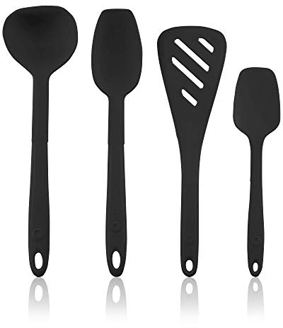 Kochblume Küchenhelfer-Set - Designwender S & Soßenlöffel S & Schöpfkelle S & Flexlöffel S 4er Set | Premium-Silikon & BPA frei| Hitzbeständig | Spülmaschinenfest | Farbe: anthrazit