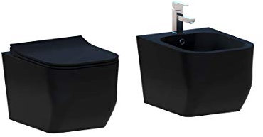 Spülrandloses hängendes Sanitärset Modell New Edge in mattem Schwarz inklusive soft-close WC-Sitz