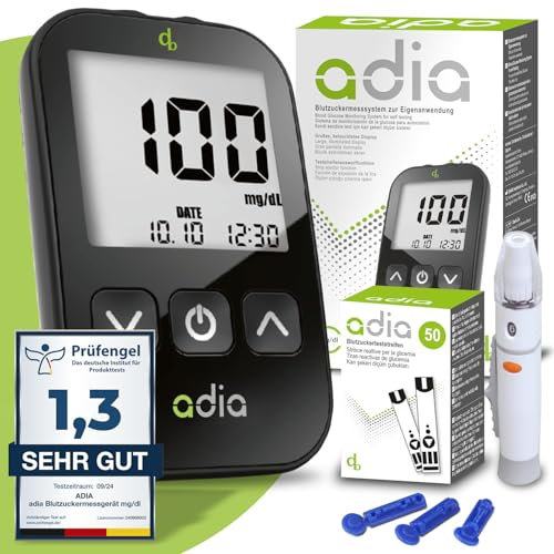 adia Diabetes-Set, Messeinheit mg/dl, mit 60 Blutzuckerteststreifen, Stechhilfe und 10 Lanzetten zur Blutzuckerkontrolle, Modell 2022
