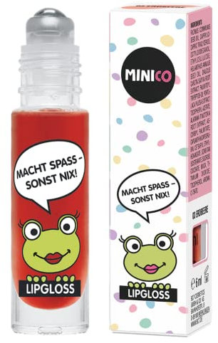 MINICO Premium Lipgloss Roll-On für Mädchen Erdbeere Aroma, natürliche Inhaltsstoffe, sehr gut verträglich, speziell für Kinder, naturbasiert Farbstoffen, dermatologisch getestet