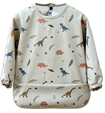 Cozozn Baby Weaning Bib Long Sleeves Toddler Feeding Bibs with Arms Plastic Back Waterproof Coverall Weaning Bib 2-4 Years, Dinosaurs Beige