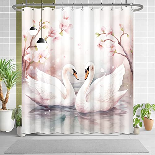 Uiiooazy Love Swan Shower Curtain for Bathroom Pink Flowers Trees Bathtub Room Partition Door Divider Curtain Decor White Swans Water Lake River Waterproof Fabric Shower Curtains 72x72 Inches