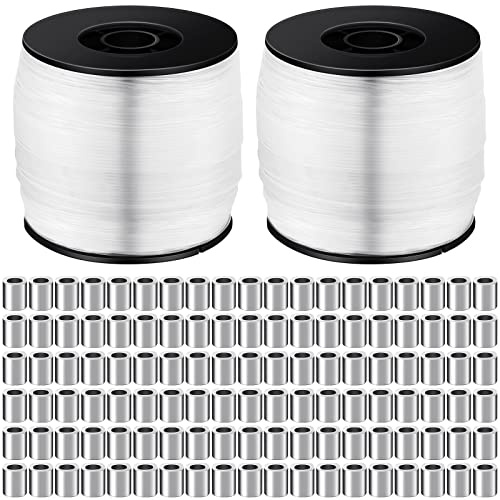 Sumind Strong Clear Picture Hanging Wire Invisible Picture Frame Fishing Wire up to 100 Lbs 656 Feet Monofilament Fishing Line with Aluminum Crimping Loop Sleeves(2 Roll,0.8 mm)