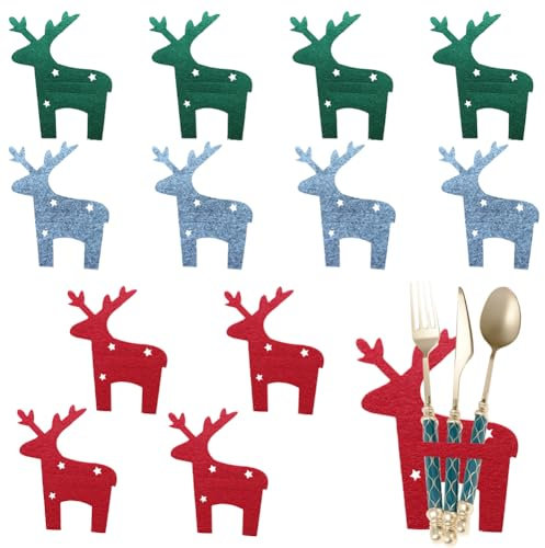 KedidO Besteckhalter Weihnachten Filz, 12 Stück Besteckbeutel Weihnachtskitze, Elche Tischdeko, Weihnachts Messer Gabeln Löffel Geschirr Besteck Taschen für Party Tisch Weihnachts deko