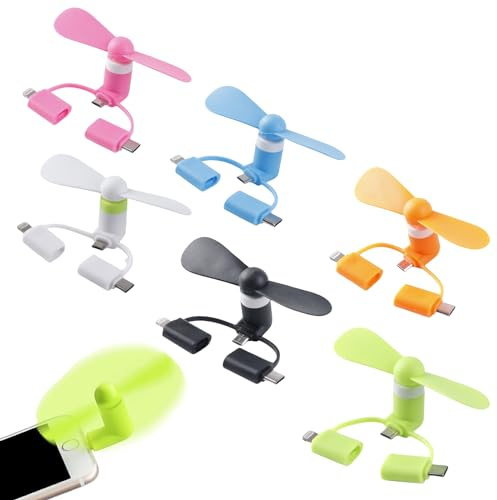 WIYETY 6 stycken mini mobiltelefonfläkt 3-i-1 mobiltelefonfläkt, avtagbar USB-fläktar, kompatibel med mikro-USB/typ C/Lightning-port fläkt (6 färger)