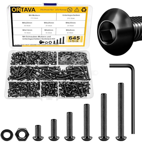 645 Stück M4 Schrauben Schwarz Set, Linsenkopfschrauben Muttern und Unterlegscheiben Sortiment Kit, Gewindeschrauben Set, Maschinenschrauben Muttern Set, Kohlenstoffstahl, Länge von 8-30mm
