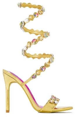 Hykytyhk Sandalias de tacón alto con diamantes de imitación para mujer, con correa de tobillo en espiral, puntera abierta, tacones de aguja de satén, zapatos de fiesta, Oro, 37 EU