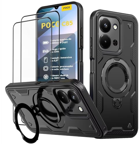 KANSi Fodral till Xiaomi Poco X7 5G och härdat glas x 2, robust telefonfodral med ställ och ringhållare – svart