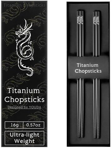 Youda 99.8% TITANIUM Essstäbchen Ultraleichte und wiederverwendbare Essstäbchen für Camping, Zuhause, Reisen (2 Paare)